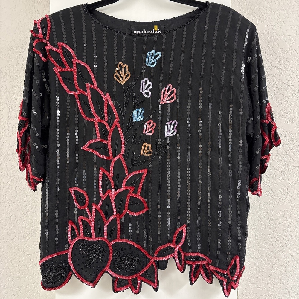 Vintage Rue de Calais Asymmetrical Hem Sequined Beaded Evening Blouse Top Sz M